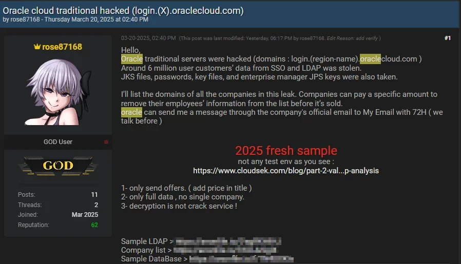 Threat actor’s post in BreachForums